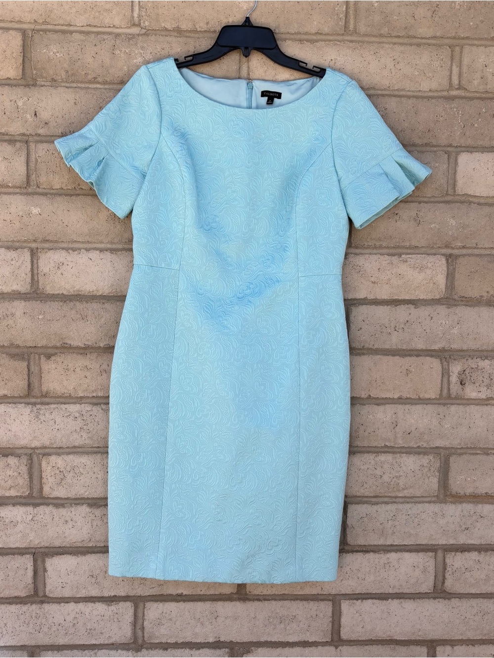 Talbots Textured Jacquard Brocade Dress Ruffle Sleeves Light Blue Teal Size 8